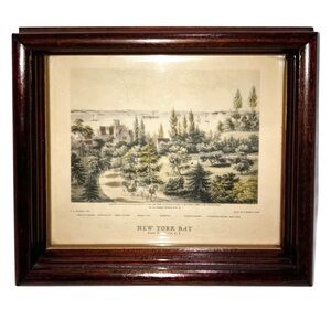 VTG Antique New York Bay 1860 Currier & Ives Lithograph Wood Frame F F Palmer